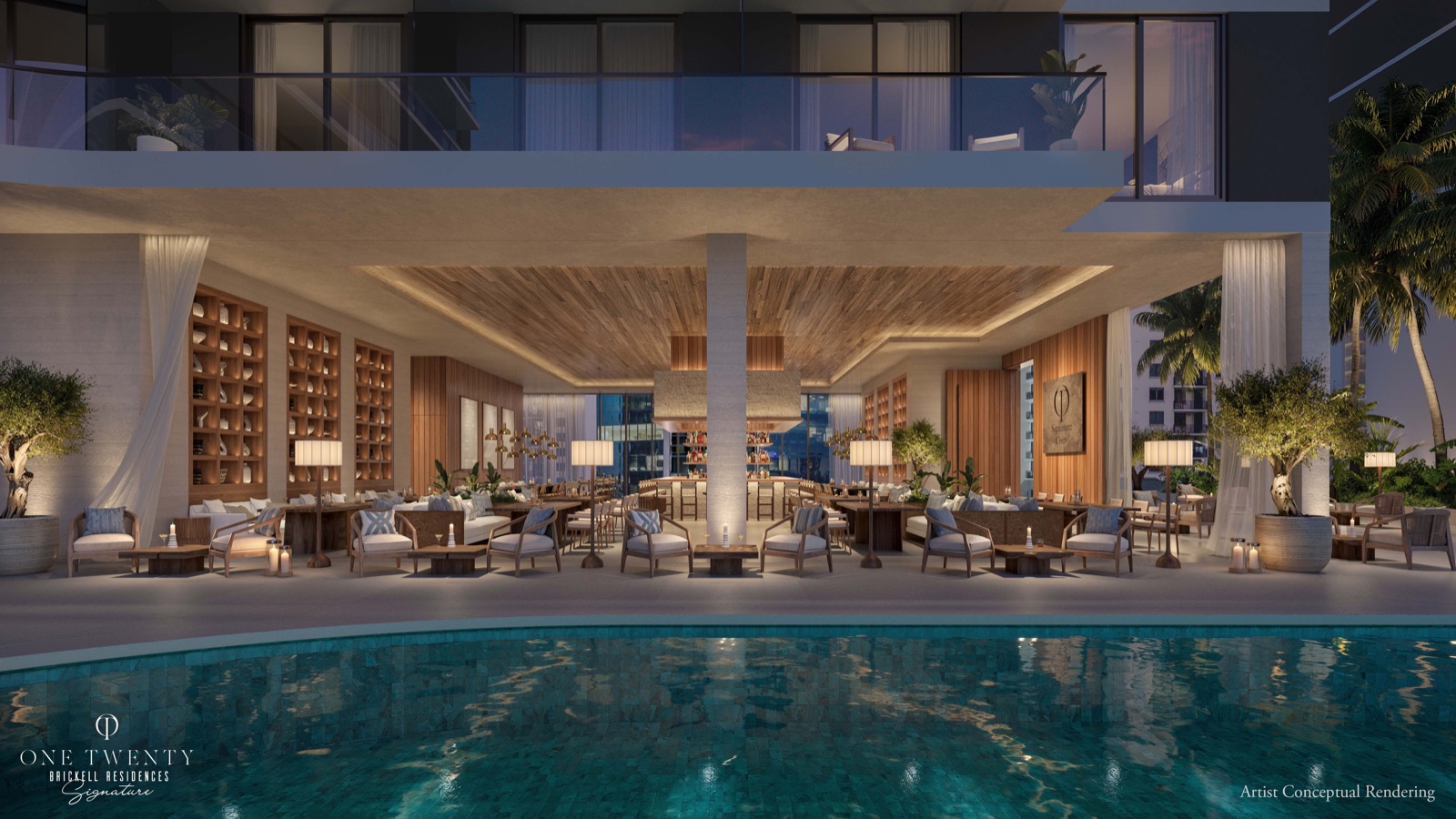 Resort-style pool deck with lounge areas overlooking the Miami skyline.